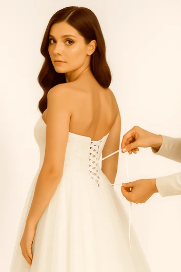 Zipper to corset conversion showing transformation from zipper closure to lace-up back